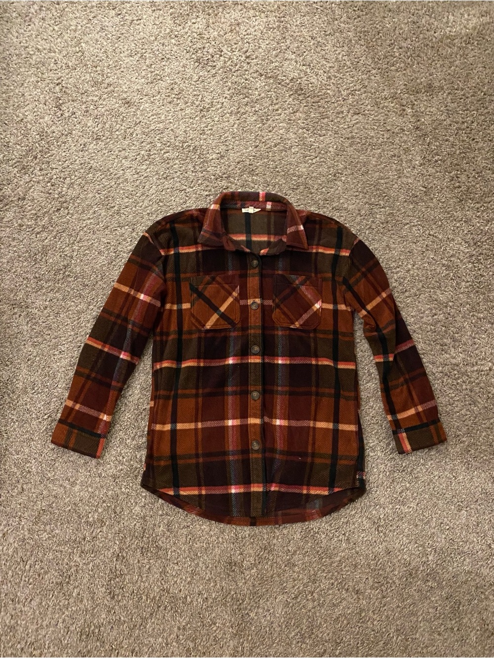 Maurices Plaid Button-Down Shirt Jacket in Brown, Black and Pink